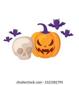 pumpkin with skull and icons halloween vector illustration design