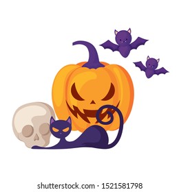 pumpkin with skull and icons halloween vector illustration design