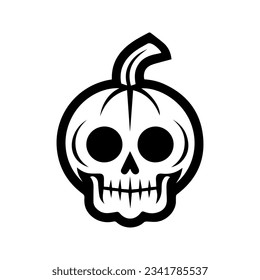 Pumpkin skull silhouette, isolated on white background. Halloween silhouette black skull logo  - for scary design or decor. Tattoo design. Vector illustration, traditional Halloween decorative element