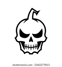 Pumpkin skull silhouette, isolated on white background. Halloween silhouette black skull logo  - for scary design or decor. Tattoo design. Vector illustration, traditional Halloween decorative element