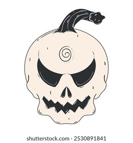 Pumpkin skull with spiral stem in black and white, Vector