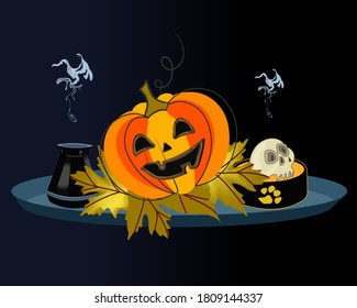 
Pumpkin, skull and witch's potion.
Halloween treat on a tray.
Vector. 
