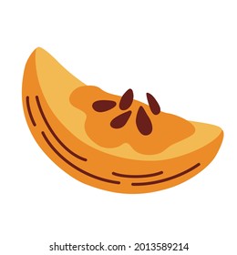 Pumpkin slice with seeds. Single slice of the tasty pumpkin. Autumn harvest. Colorful seasonal vegetable. Simple hand drawn Vector illustration in flat cartoon style Isolated on white background.