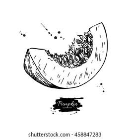 Pumpkin sliced piece vector drawing. Isolated hand drawn object. Vegetable engraved style illustration. Detailed vegetarian food sketch. Farm market product.
