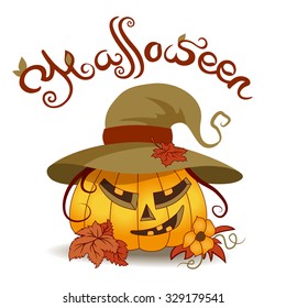 Pumpkin with slices. Celebration/holidays Halloween. Wearing hat with fall maple leaves. Various autumn leaves on bottom of the picture, flower immature pumpkins mustache curls. Lettering

