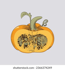 Pumpkin slices showing the seeds and fibers attached to them with contrasting colors