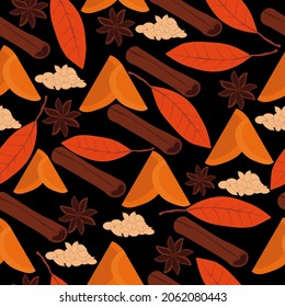 pumpkin slices and spices seamless pattern, autumn ingredients on black background vector illustration