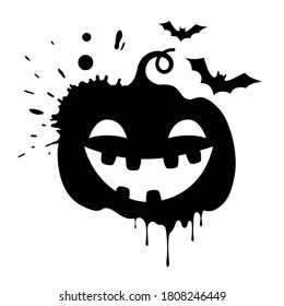 Pumpkin with smile and bats. Catroon pumpkin silhouette. Halloween vector illustration