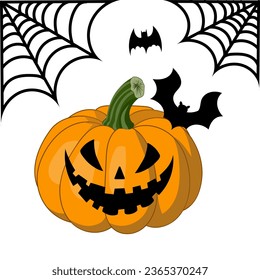 Pumpkin smile with bats and spider web on white background,symbol of Halloween holiday, vector illustration.
