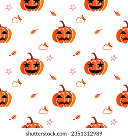 Pumpkin smile cartoon so cute. On star cloud moon leaf white background. Pattern seamless vector illustration. 
