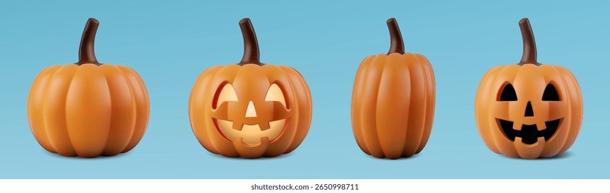 Pumpkin smile halloween 3d. Vector icon cute carved jack lantern mask, happy realistic emoji squash. Head face ghost glow and fly. Kids plastic sticker isolated. Orange helloween invitation element