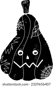 Pumpkin with smile. Hand drawn black illustration in linocut style, grunge rough old texture. Element for design. Halloween design.