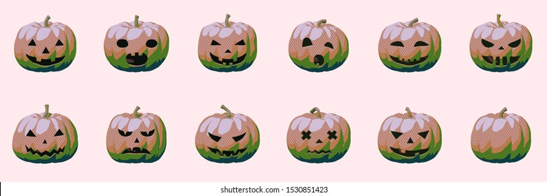 Pumpkin smile set for glamour and modern Halloween, fun and creepy autumn vector illustration of shiny kitsch. Isolated design of grinning for party greeting card with creative concept for decoration.