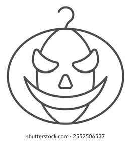 Ícone de linha fina do sorriso da abóbora, conceito do halloween. Gráficos vetoriais. Sinal de legumes assustador no fundo branco, ícone de estilo de contorno para design móvel ou web