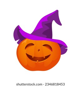 Pumpkin with a smile in a witch's hat. For Halloween design. Cartoon style.Vector
