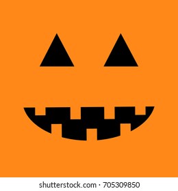 Pumpkin. Smiling face emotion. Big triangle eyes, smile mouse, teeth. Happy Halloween. Cute cartoon funny baby character. Square head. Greeting card. Orange background Flat design. Vector illustration