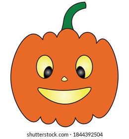 Pumpkin. Smiling facial expression. Colored vector illustration. Isolated white background. Cartoon style. Halloween symbol. Nice grimace. Jack-lantern. Glows from the inside. Orange vegetable. 