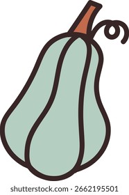 A pumpkin with a smooth outline and a curly stem in a cartoon style. The gourd shape is depicted with bold lines and simple curves. Cartoon vector illustration.