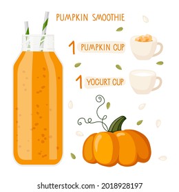 Pumpkin smoothie recipe. Glass smoothie bottle with ingredients. Food and drinks isolated on white. For menu, banner for healthy eating. Fresh energetic drink. Organic raw shake, healthy food.