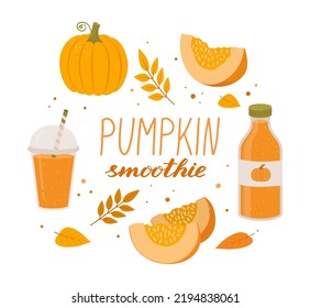Pumpkin smoothie, squash, glass and bottle set isolated on white background. Vector illustration of healthy vegetable drink. Autumn seasonal product. Fresh juice for menu or banner for vegan cafe. 