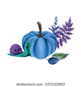 Pumpkin, snail and leaves. Vector illustration for esoteric and halloween. Design element for greeting cards, holiday banners, flyers, covers.