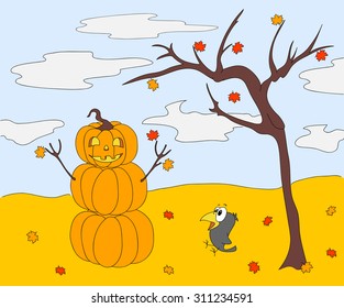 Pumpkin Snowman with a kind face standing under an autumn tree on Halloween. Surprised crow sitting on fallen maple leaves. Vector illustration for children