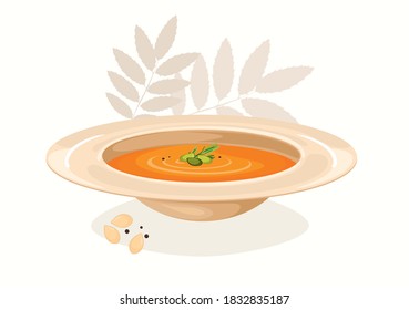 Pumpkin soup, with autumn leaves, vector illustration on a white background