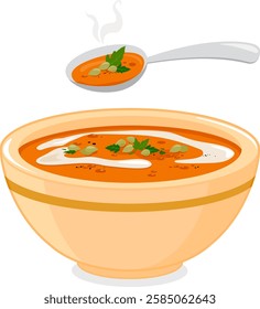 Pumpkin soup. Bowl of hot soup with spoon. Homemade soup with vegetables, cream, pumpkin and pumpkin seeds, coriander leaves. Vector illustration