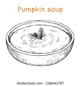 Pumpkin soup. Bowl of soup isolated on white background. Vector