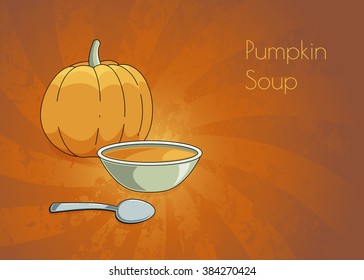 Pumpkin soup.  Pumpkin, soup bowl and spoon over textured sunburst background in vibrant colors. EPS 10 vector illustration with clipping mask