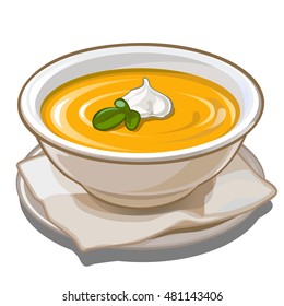 Pumpkin soup with cream in a white porcelain plate. Illustration for cookbook isolated on white background. Vector.