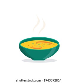 Pumpkin soup in a green plate. decoration with seeds. Hot vegetable dish. Isolated on white. Vector illustration