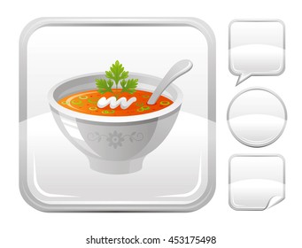 Pumpkin soup icon  with cream and parsley in dish plate for season concept  - Thanksgiving dinner food, autumn farming. Blank button forms set - square, speaking bubble, circle, sticker
