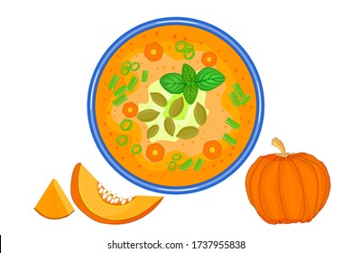 Pumpkin soup isolated on white background. Traditional autumn Thanksgiving food.Fresh tasty ripe gourd. Bowl with pumpkin gazpacho. Hot cream soup gourd. Delicious creamy soup in plate top view.Vector