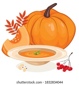 Pumpkin and pumpkin soup, Many red rowan berries with orange autumn leaves, vector illustration on a white background