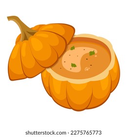 Kürbis-Suppe mit Millet, ein schönes Kürbisgerichte. Vektorgrafik auf weißem Hintergrund