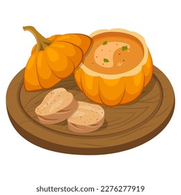 Pumpkin soup with millet, a beautiful serving in a pumpkin on a board with slices of bread. Vector