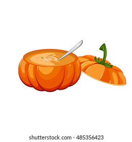 Pumpkin soup in an open pumpkin and more pumpkins in the background. Traditional appetizer tasty creamy pumpkin soup healthy vegetarian cream. Autumn dinner vegetable meal pumpkin soup vector.
