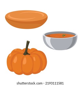 Pumpkin, pumpkin soup and pie isolated on white background. flat style