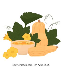 Pumpkin soup in pot, saucepan, bowl. Vector stock illustration. Vegetarian food. Kitchen, recipe, menu. Isolated on a white background.