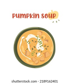 pumpkin soup puree in a green plate. fresh autumn vegetable soup. Illustration for menus, advertisements, websites.