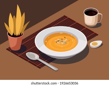 Pumpkin soup with spoon and cup coffee and house plant on kitchen table.