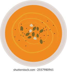 pumpkin soup top view, Pumpkin soup in a bowl, pumpkin seeds.