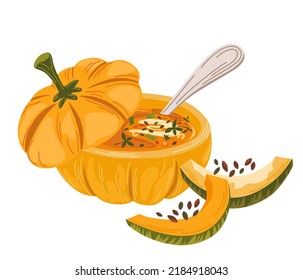 Pumpkin soup. Traditional autumn Thanksgiving food Pumpkin soup served in pumpkin with swirl of cream. Vector hand draw illustration flat icon isolated on white.