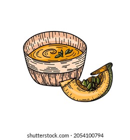 Pumpkin soup vector sketch illustration. Traditional autumn soup for Thanksgiving with slice of pumpkin 