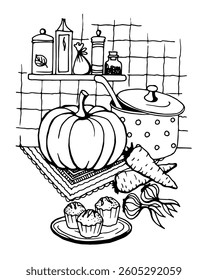 Pumpkin soup and vegetables vector illustration for coloring