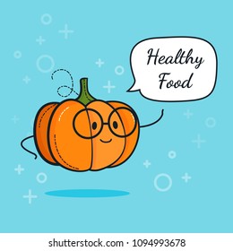 Pumpkin with speech bubble. Balloon sticker. Cool vegetable. Vector illustration. Pumpkin clever nerd character. Healthy food concept. Smart vegan diet poster