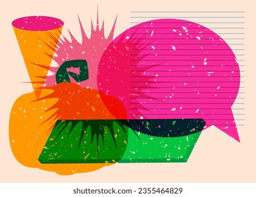 Pumpkin with speech bubble and colorful geometric shapes in trendy riso graph design. Geometry elements abstract risograph print texture style.