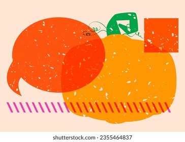 Kürbis mit Sprachblase und bunten geometrischen Formen in trendigem Riso Graphdesign. Geometrische Elemente abstrakter Risograph-Druck-Stil Textur.