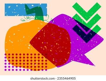 Pumpkin with speech bubble and colorful geometric shapes in trendy riso graph design. Geometry elements abstract risograph print texture style.